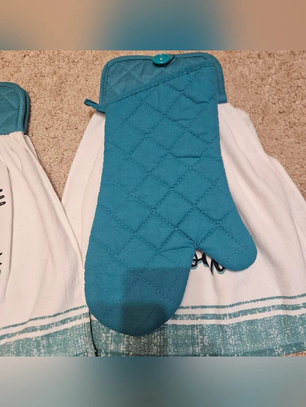 2 Handcrafted Potholders Attached To Towels | Blue + White | Takeout//Fork
